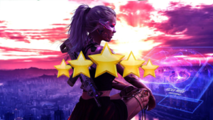 Rating stars with woman in the background